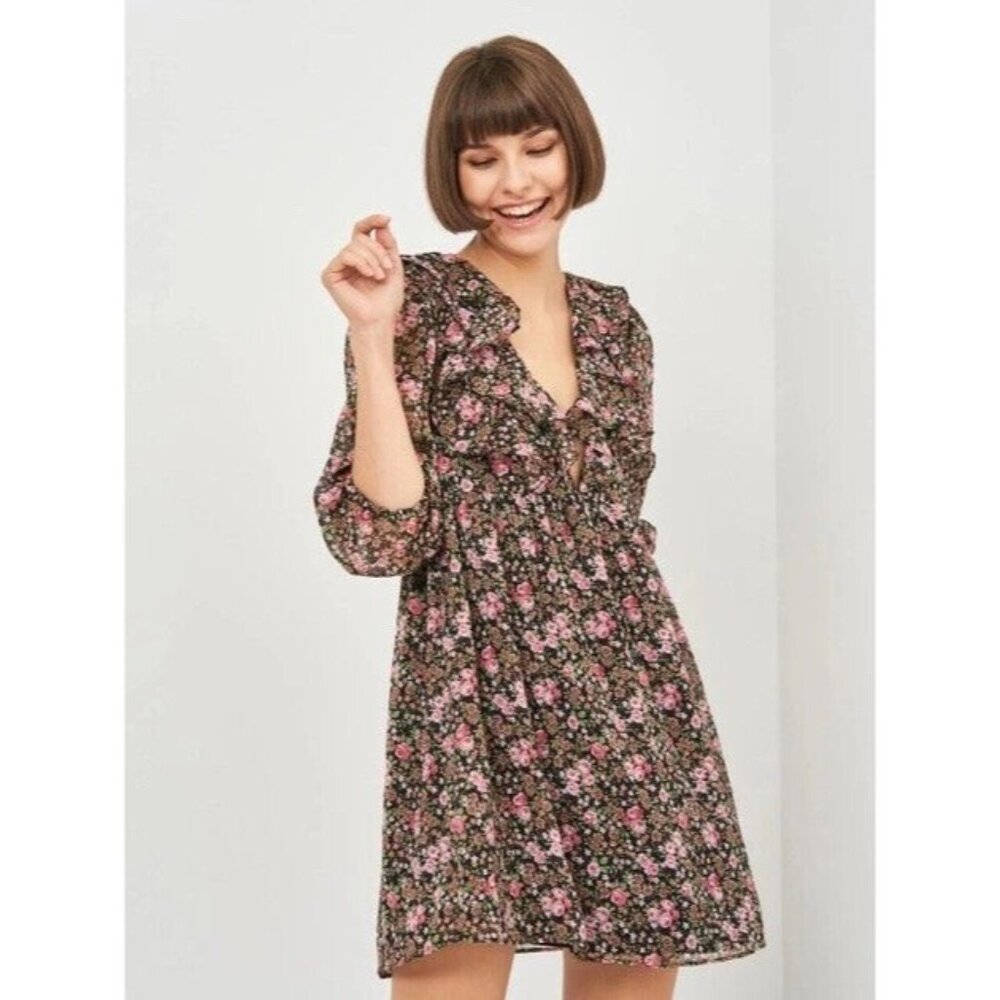 Zara Dress Black Floral Print 3/4 Sleeve V Neck Mini Lined - Picture 3 of 13